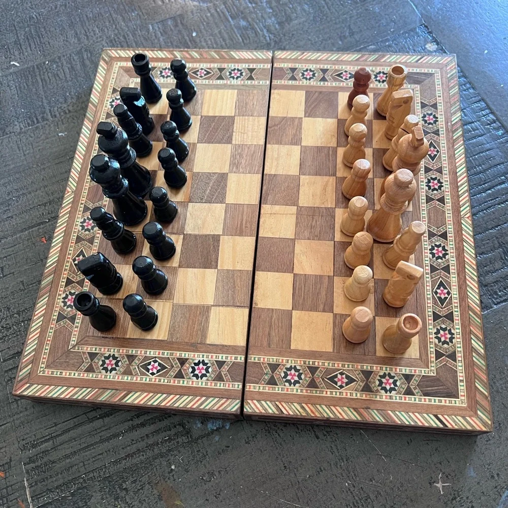 Vintage Chess Checkers and Backgammon Game Set Mosaic Wooden Walnut board - Picture 3 of 6